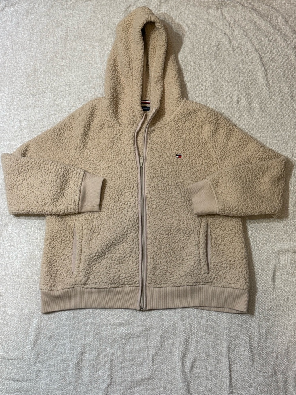 Tommy Hilfiger XL Cream Sherpa Fleece Hoodie Full Zip Cozy Quiet Luxury